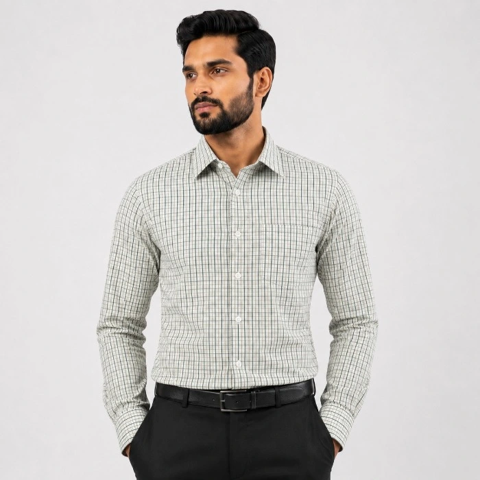 Signature Mens Slim Fit Formal Green Check Shirt